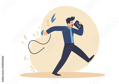 Businessman walking away holding telephone receiver with broken cord expressing frustration and anger in flat minimalist style vector illustration
