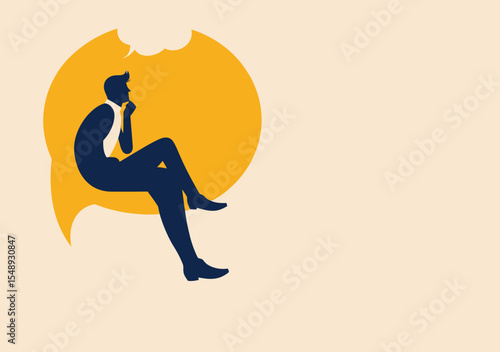 Silhouette businessman sitting on large orange speech bubble thinking with small white thought cloud minimalist vector concept idea reflection contemplation