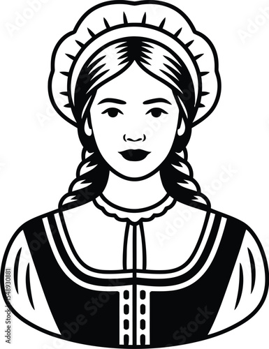 A graphic illustration of a woman in traditional attire with braided hair and a bonnet in black and white