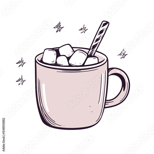 Hand drawn warm hot chocolate mug with marshmallows and striped straw cozy winter drink festive beverage vector illustration