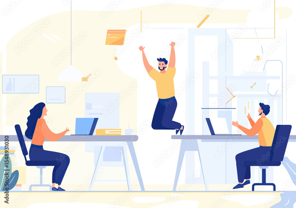 Fototapeta premium Celebrating business success office workers collaboration teamwork achievement with joyful jumping colleagues in modern workspace flat vector illustration