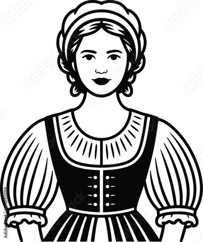 A black and white line drawing of a woman in traditional dress with a head covering and puffed sleeves