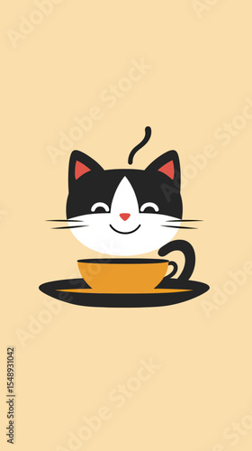 Smiling black and white cat face steaming from orange coffee cup on black saucer minimal flat vector illustration on beige background with playful cozy vibe