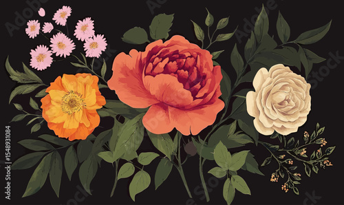 Elegant floral bouquet with orange peony, yellow poppy, white rose, pink asters and green leaves on black background vector illustration