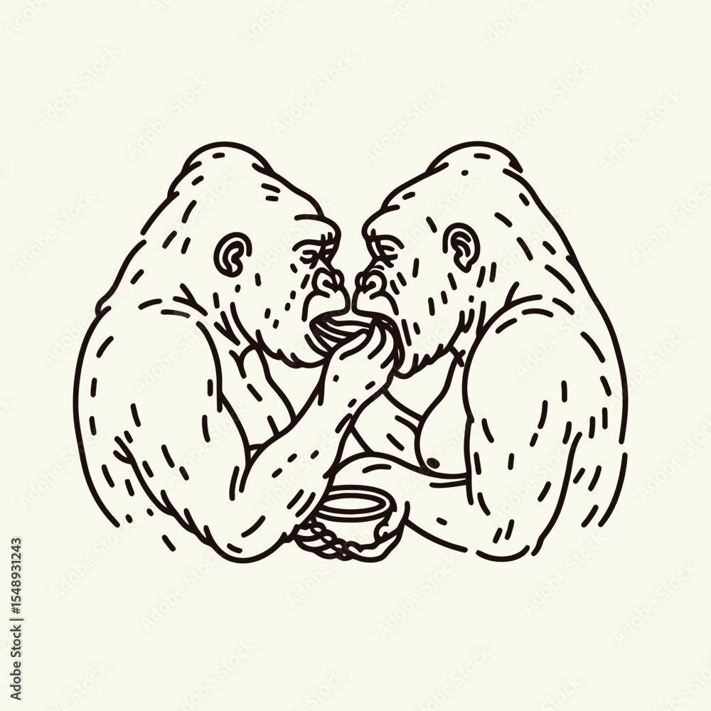 Gorilla couple Feeding each other. Valentine Love Romance Cupid February Clipart Line Art Vector Illustration. Primate duo giving nourishment a loving bond and caring for one another. Gorilla couple Feeding each other. Valentine Love Romance Cupid February Clipart Line Art Vector Illustration. Primate duo giving nourishment a loving bond and caring for one another.
