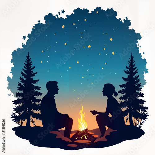 Couple enjoying conversation by campfire under starry sky, intimacy