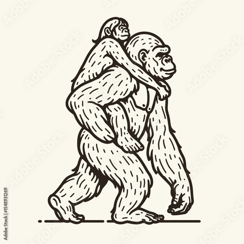 Gorilla couple Giving a piggyback ride. Valentine Love Romance Cupid February Clipart Line Art Vector Illustration. Ape pair offering back carry primate partnership sharing fun moment.