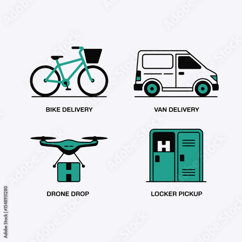 Teal and White Delivery Method Icons Bike Van Drone Locker Pickup Package Graphic Design Illustration