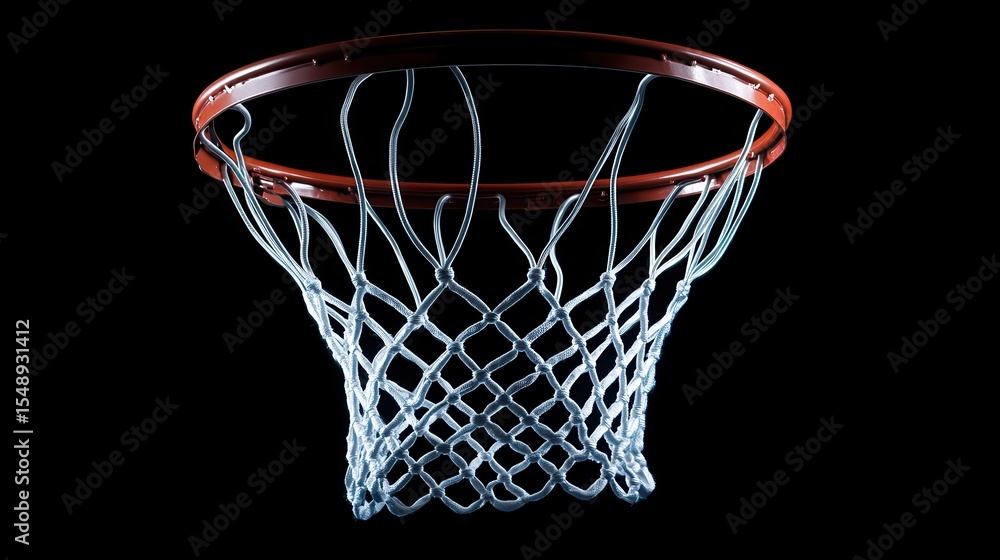 A basketball hoop with a net is isolated against a black background. Use this for basketball concepts, team spirit, or sports victories. A basketball hoop with a net is isolated against a black background. Use this for basketball concepts, team spirit, or sports victories.