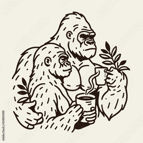 Gorilla couple hold coffee mug drink coffee. Valentine Love Romance Cupid February Clipart Line Art Vector Illustration. Ape duo grasp ceramic cup ingest java morning beverage time.