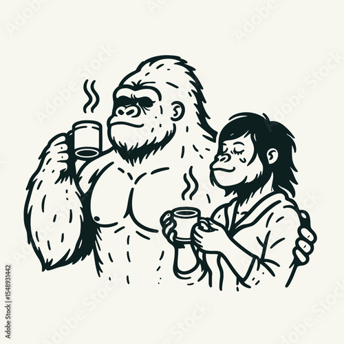 Gorilla couple hold coffee mug drink coffee. Valentine Love Romance Cupid February Clipart Line Art Vector Illustration. Ape pair clutch beverage cup ingest java morning ritual moment.