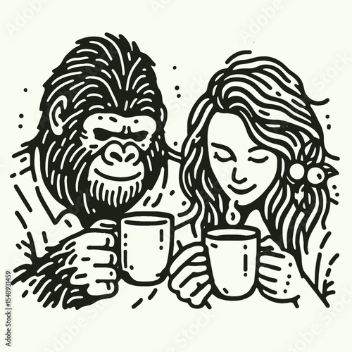 Gorilla couple hold coffee mug drink coffee. Valentine Love Romance Cupid February Clipart Line Art Vector Illustration. Ape pair grip java container imbibe brew a caffeine moment.