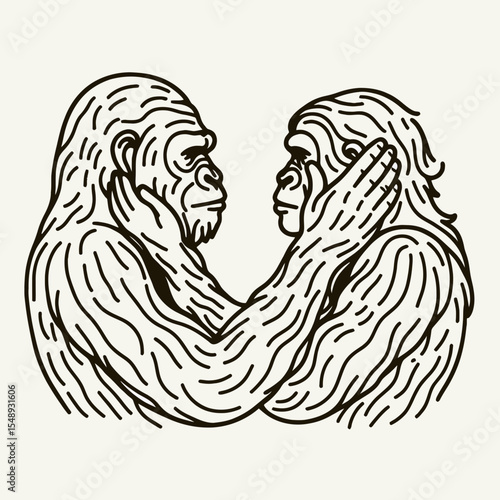 Gorilla couple Holding each others faces. Valentine Love Romance Cupid February Clipart Line Art Vector Illustration. Ape duo grasping facial area caring moment primate pair affection touch.