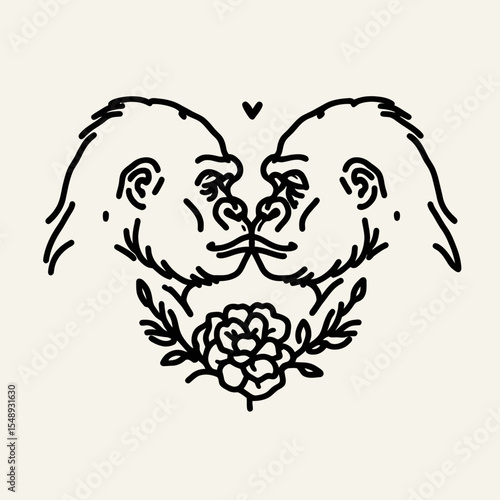 Gorilla couple Holding each others faces for a kiss. Valentine Love Romance Cupid February Clipart Line Art Vector Illustration. Ape pair clasping visage affection primate duo embracing.