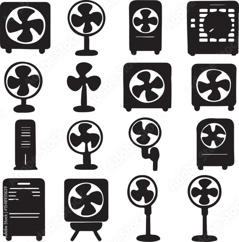 A set of 20 black silhouettes representing various types of electric fans and coolers, including pedestal fans, box fans, air coolers, and tower fans. Perfect for tech graphics, appliance catalogs, we