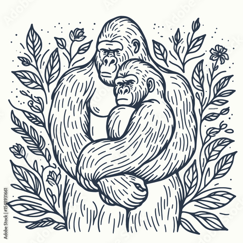 Gorilla couple Hugging from Behind. Valentine Love Romance Cupid February Clipart Line Art Vector Illustration. Ape duo embrace close affection display rear view primate bonding.