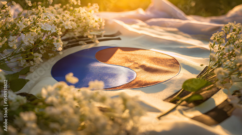 Taegeuk symbol on silk with mugunghwa flowers, celebrating Korean Liberation Day in traditional elegance