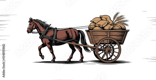 A brown horse pulling a wooden cart filled with sacks and wheat on a white background illustration