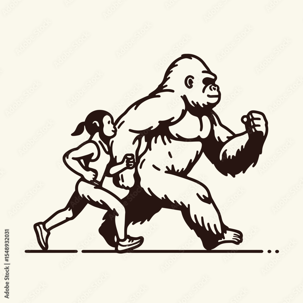 Fototapeta premium Gorilla couple lying down on back Laughing Together. Valentine Love Romance Cupid February Clipart Line Art Vector Illustration. Primate pair rests joy gladness amusement happiness fun.