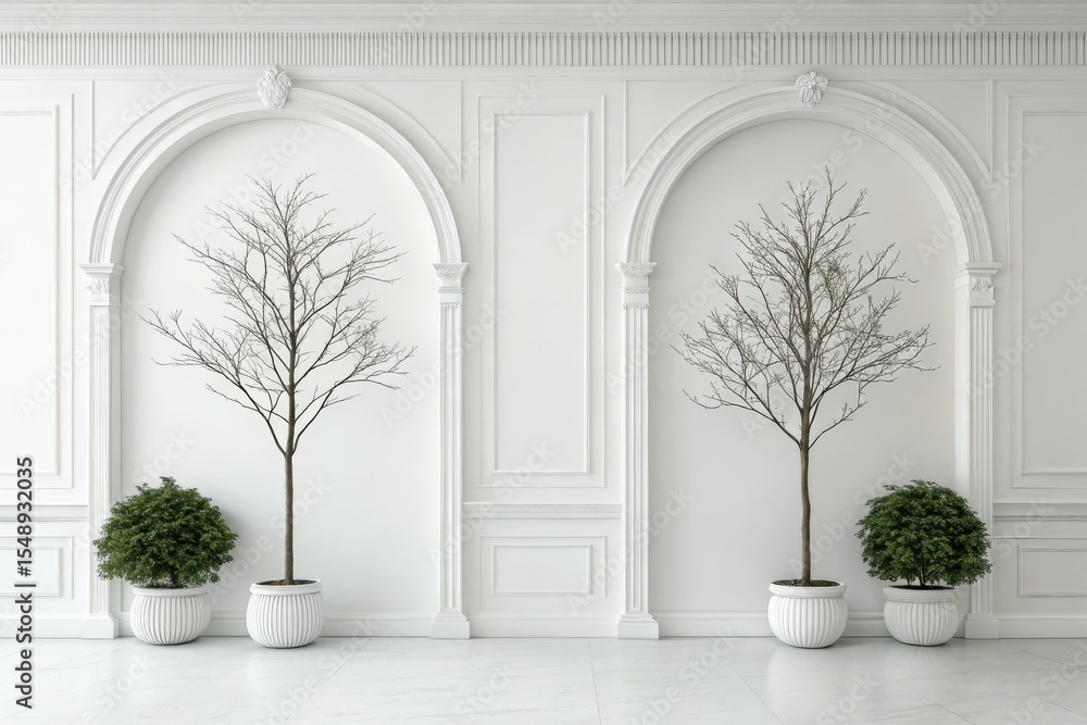 Elegant white room with archways and potted plants Elegant white room with archways and potted plants