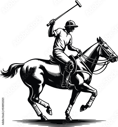 A black and white illustration of a polo player riding a horse with a polo mallet raised high up