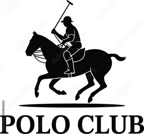 Silhouette of polo player riding horse with mallet above polo club text on a white background