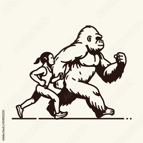 Gorilla couple lying down on back Laughing Together. Valentine Love Romance Cupid February Clipart Line Art Vector Illustration. Primate pair rests joy gladness amusement happiness fun.