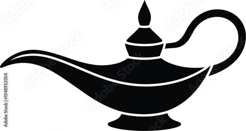 A black silhouette of an aladdin lamp with a curved spout handle and a small finial on top against white