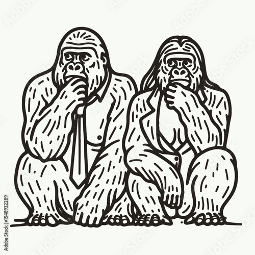 Gorilla couple peeking pose. Valentine Love Romance Cupid February Clipart Line Art Vector Illustration. Ape pair lookout stance primate duo observing wildlife animal watching posture.