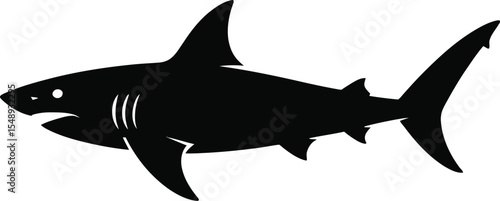 A silhouette of a shark swimming with visible fins gills and tail against a white background image art