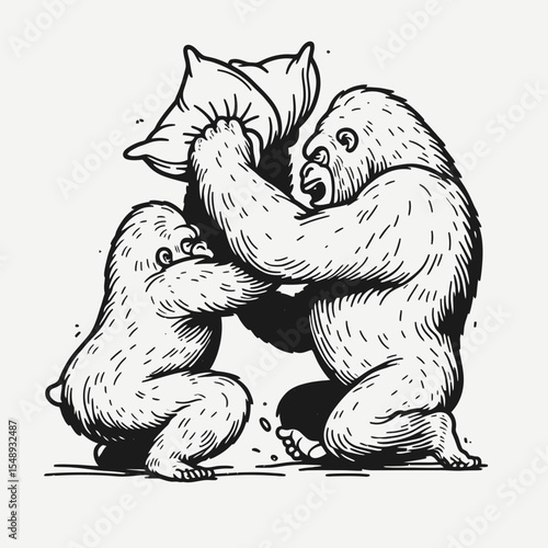 Gorilla couple Playful Pillow Fight. Valentine Love Romance Cupid February Clipart Line Art Vector Illustration. Primate duo having a fun time with cushion battle joyful moment.