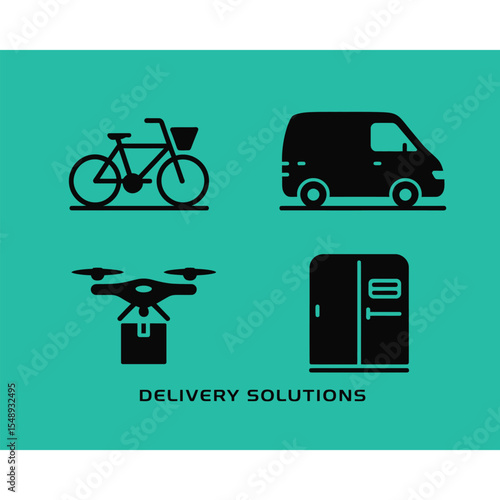 Teal Background Delivery Solutions Graphic Illustration Showing Black Silhouettes of Bicycle Cargo Van Drone and Delivery Locker Icons