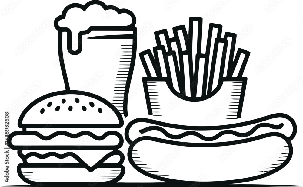 A white outline drawing of a burger, beer, fries and a hot dog on a dark green chalkboard background A white outline drawing of a burger, beer, fries and a hot dog on a dark green chalkboard background