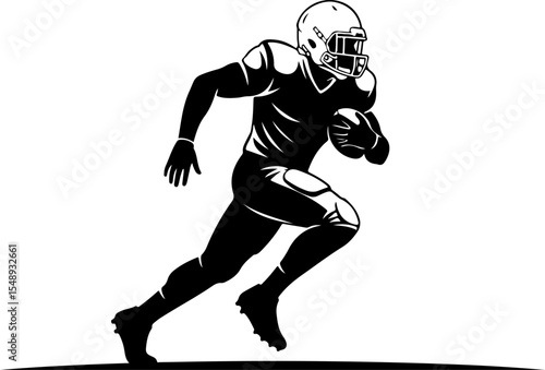 Silhouette of a football player in a dynamic running pose, holding the ball.