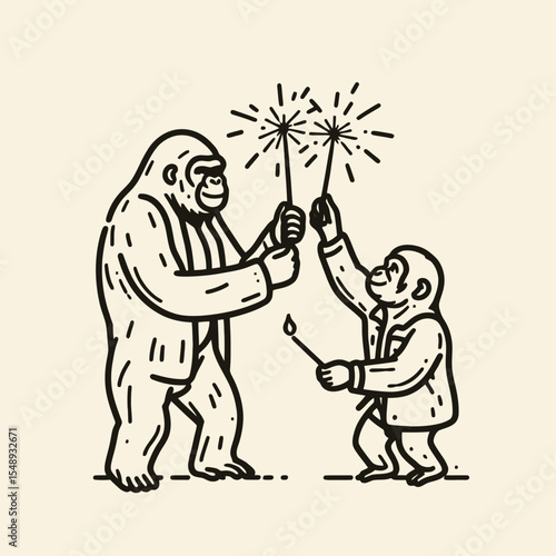 Gorilla couple Playing with sparklers. Valentine Love Romance Cupid February Clipart Line Art Vector Illustration. Ape pair having fun handheld firework primate celebration.