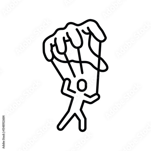 Micromanagement Icon Vector, Puppet Control Hand Holding Small Person Symbol, Outline for Burnout, Workplace Domination, and Loss of Autonomy at Work