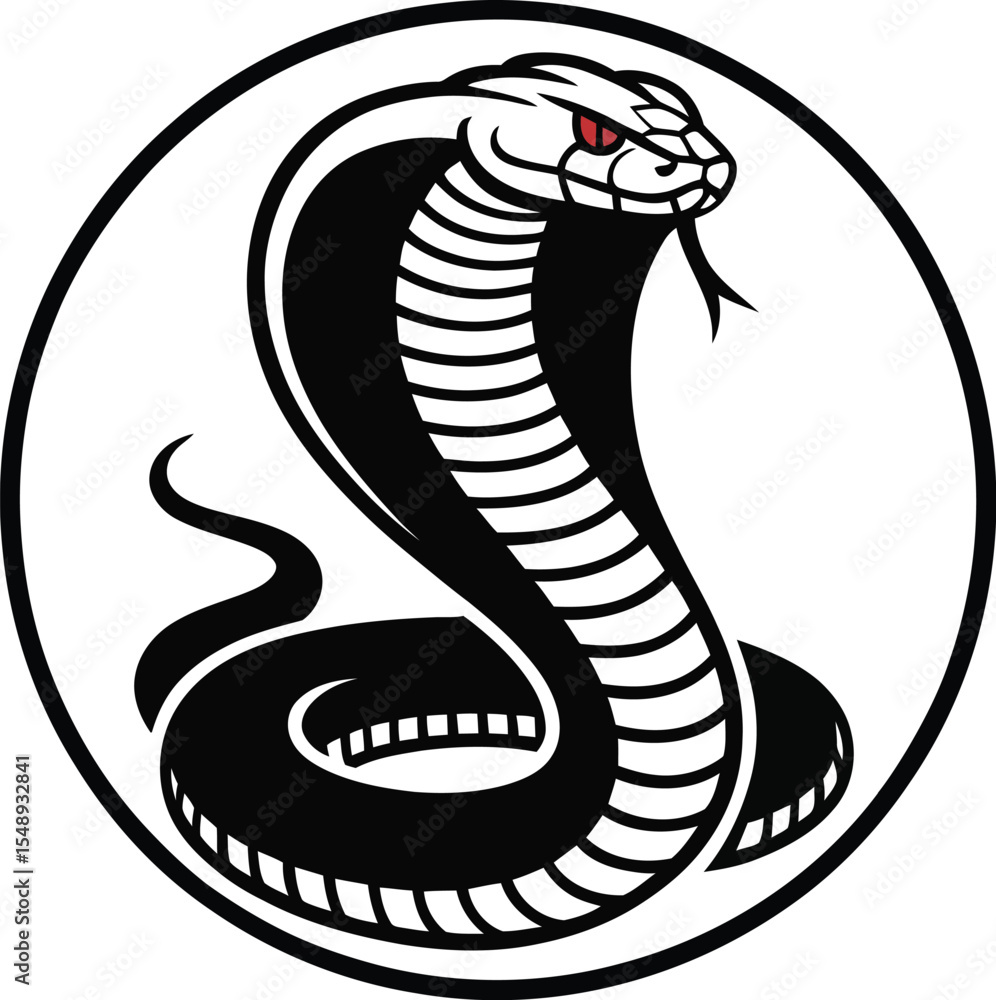 Fototapeta premium A stylized cobra with red eyes and extended tongue inside a black circle on a white background