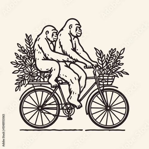 Gorilla couple ride bikecycle. Valentine Love Romance Cupid February Clipart Line Art Vector Illustration. Ape duo pedal cycle adventure primates on two-wheel vehicle journey.