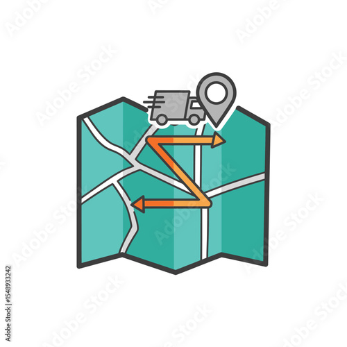 Teal Folded Map Showing Delivery Truck Route Zigzag Path Orange Arrows Grey Truck Location Pinpoint Icon Simple Flat Design Illustration