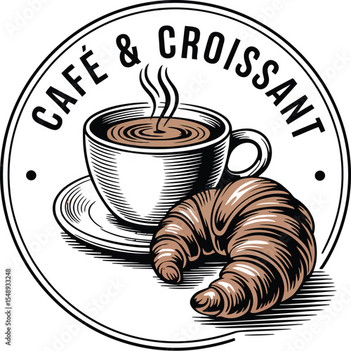 A vintage style logo featuring a cup of coffee and a croissant inside a circular border design element