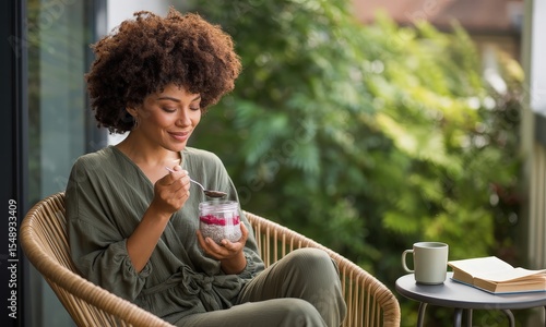 Woman Eating Healthy Chia Seed Pudding Outdoors