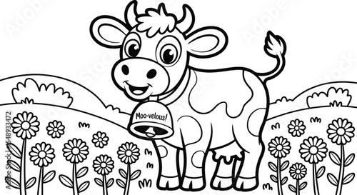 A cartoon cow with a bell in a field of flowers coloring page illustration for kids and adults alike