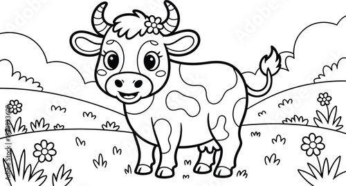 A cute cartoon cow with flower on its head standing in a field with grass and flowers coloring page
