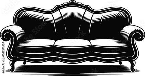 A detailed black and white illustration of an ornate three seat sofa on a plain white background space