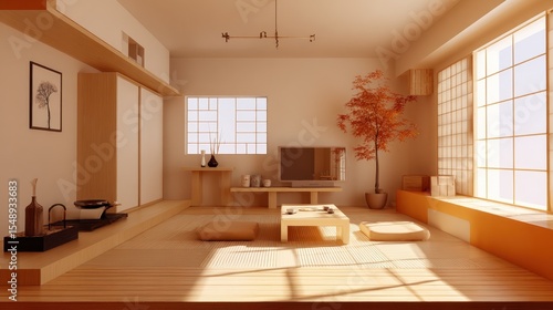 Wallpaper Mural Casual Japanese living room scene with simple furniture, natural elements, and floor-sitting area Torontodigital.ca