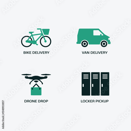 Teal Green Bicycle Van Drone Locker Delivery Options Icons Set Simple Flat Design bike delivery bicycle delivery