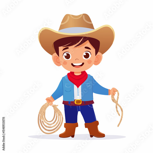Cute rodeo child illustration with beginner gear and energy, great for family events and youth materials.