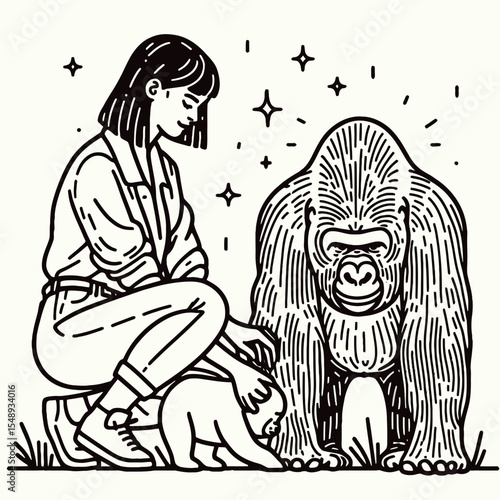 Gorilla couple Taking care of a pet. Valentine Love Romance Cupid February Clipart Line Art Vector Illustration. Ape duo nurturing companion creature wildlife parental animal protection.