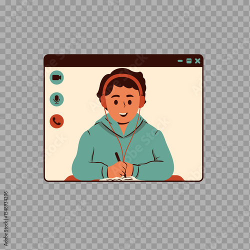 Student in Online Class – Video Call Interface Illustration on Transparent Background


