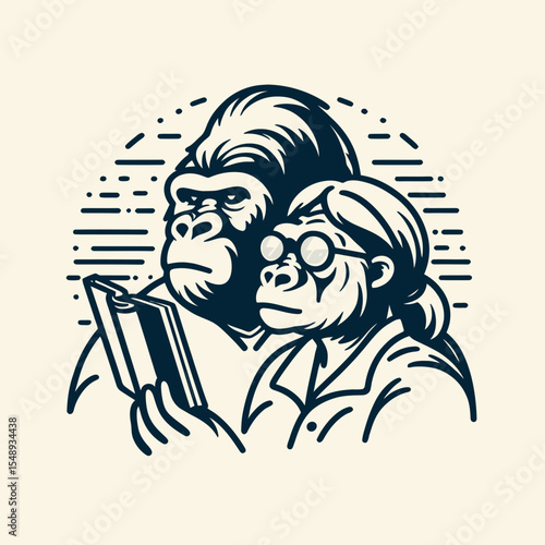 Gorilla couple wear glasses reading. Valentine Love Romance Cupid February Clipart Line Art Vector Illustration. Ape duo with spectacles peruse script a wildlife pair study text.